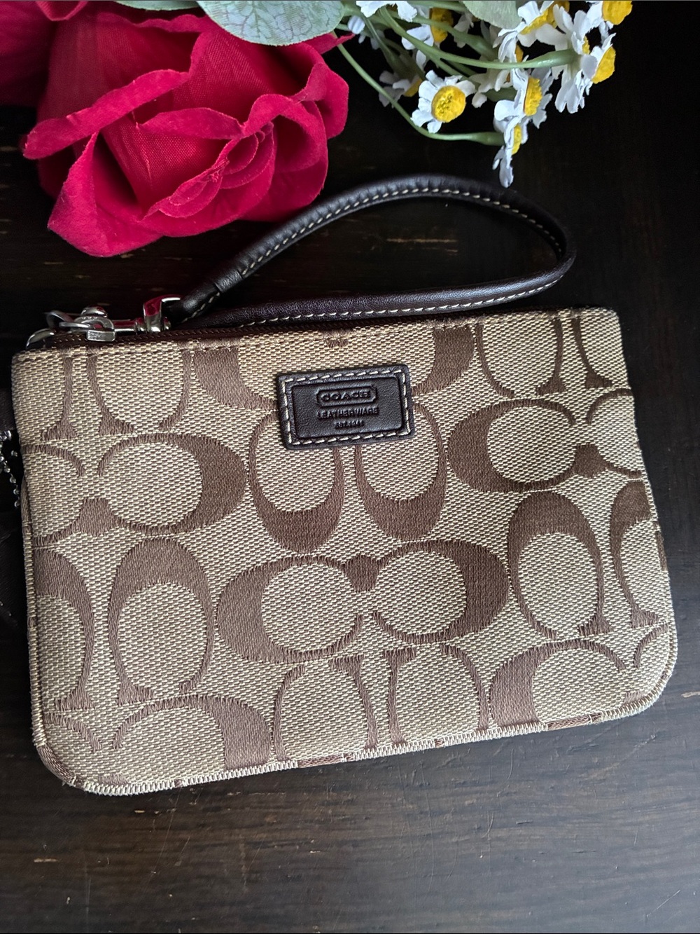 Coach Brown/Tan Signature Canvas Wristlet with Leather Strap